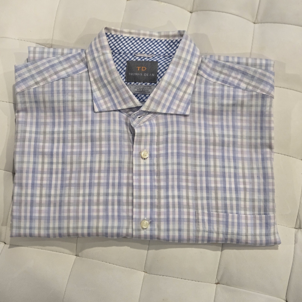 Thomas Dean Men's Blue Plaid Short Sleeve Shirt